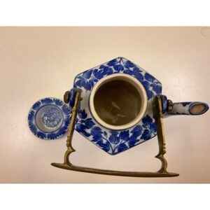 Vintage Blue White Hexagonal Porcelain Teapot Brass Handle Lid Floral Design